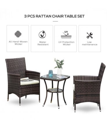 3 Pcs Rattan Bistro Set: 1 x Table, 2 x Chairs-Brown