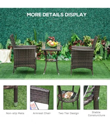 3 Pcs Rattan Bistro Set: 1 x Table, 2 x Chairs-Brown