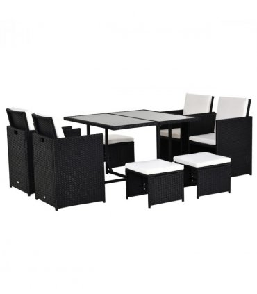 Rattan 9 Pcs Dining Set - Black W/Milk White Cushions
