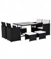 Rattan 9 Pcs Dining Set - Black W/Milk White Cushions