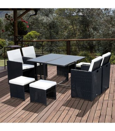 Rattan 9 Pcs Dining Set - Black W/Milk White Cushions