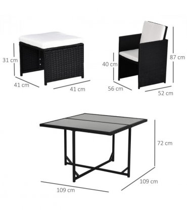 Rattan 9 Pcs Dining Set - Black W/Milk White Cushions