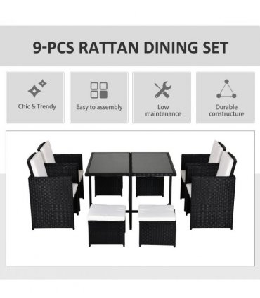 Rattan 9 Pcs Dining Set - Black W/Milk White Cushions