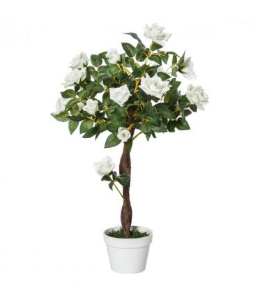 Outsunny 90cm Artificial Rose Tree, Fake Decorative Plant, White — Colour: White and Green