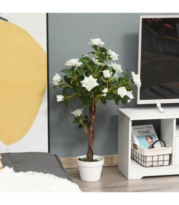 Outsunny 90cm Artificial Rose Tree, Fake Decorative Plant, White — Colour: White and Green