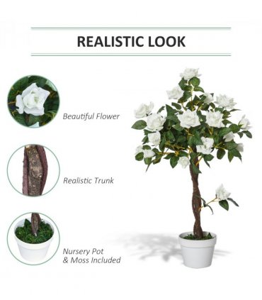Outsunny 90cm Artificial Rose Tree, Fake Decorative Plant, White — Colour: White and Green