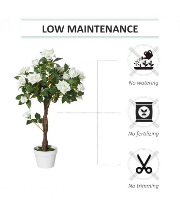 Outsunny 90cm Artificial Rose Tree, Fake Decorative Plant, White — Colour: White and Green