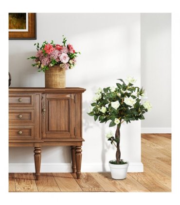 Outsunny 90cm Artificial Rose Tree, Fake Decorative Plant, White — Colour: White and Green