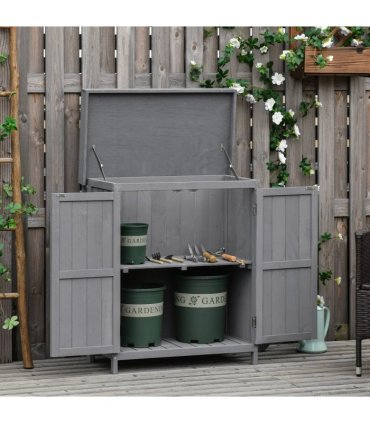 Wooden Garden Shed Double Door Tool Storage House, 74x43x88cm, Grey — Colour: Dark Grey
