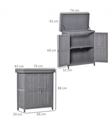 Wooden Garden Shed Double Door Tool Storage House, 74x43x88cm, Grey — Colour: Dark Grey