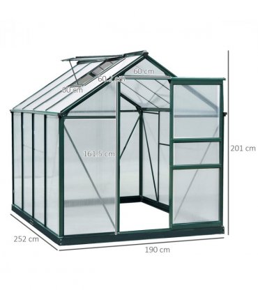 Outsunny 6x8ft Walk-In Polycarbonate Greenhouse Plant Grow Galvanized Aluminium — Size: 190cm x 252cm x 201cm