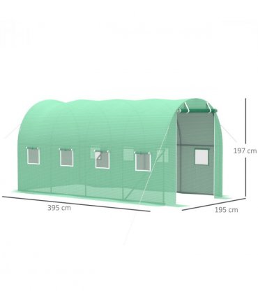 4x2 m Polytunnel Walk-in Greenhouse with Zip Door and Windows-Green — Size: 395cm x 197cm x 197cm