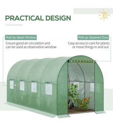 4x2 m Polytunnel Walk-in Greenhouse with Zip Door and Windows-Green — Size: 395cm x 197cm x 197cm