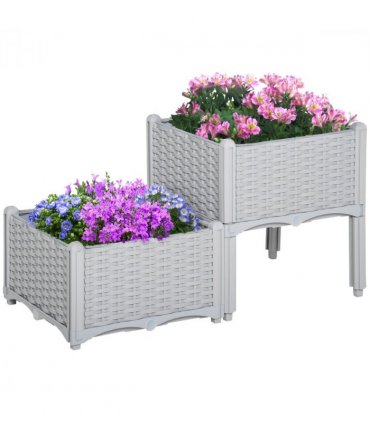 2 Set Garden Raised Bed Elevated Patio Flower Planter Box PP Vegetables Grey