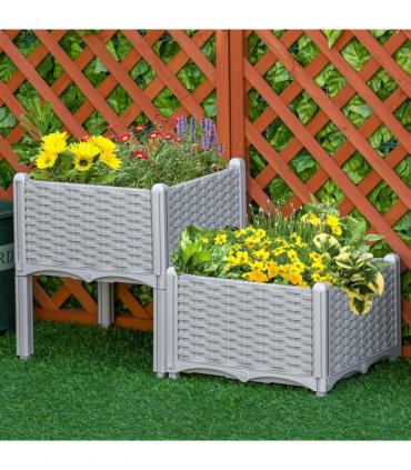2 Set Garden Raised Bed Elevated Patio Flower Planter Box PP Vegetables Grey