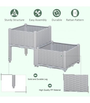 2 Set Garden Raised Bed Elevated Patio Flower Planter Box PP Vegetables Grey