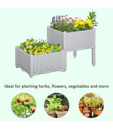 2 Set Garden Raised Bed Elevated Patio Flower Planter Box PP Vegetables Grey