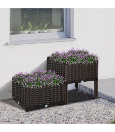 PP Set Of 2 Raised Outdoor Garden Planter Box Brown