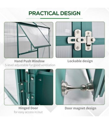 Outsunny Walk-in Greenhouse Garden Polycarbonate Aluminium w/ Smart Window 6x6ft — Size: 190cm x 190cm x 220cm