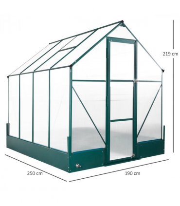 Outsunny Walk-in Greenhouse Garden Polycarbonate Aluminium w/ Smart Window 6x8ft — Size: 250cm x 190cm x 219cm