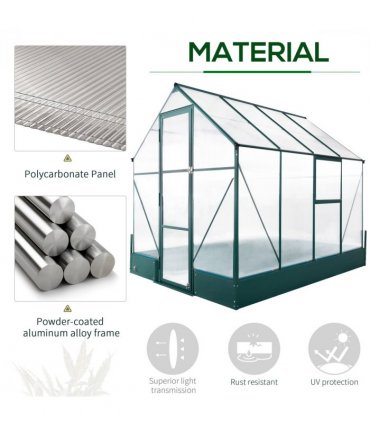 Outsunny Walk-in Greenhouse Garden Polycarbonate Aluminium w/ Smart Window 6x8ft — Size: 250cm x 190cm x 219cm