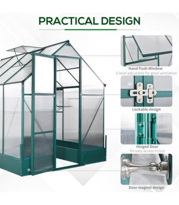 Outsunny Walk-in Greenhouse Garden Polycarbonate Aluminium w/ Smart Window 6x8ft — Size: 250cm x 190cm x 219cm