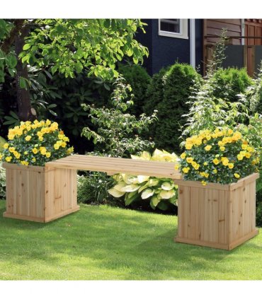 Outsunny Wooden Garden Planter & Bench Combination Garden Raised Bed Natural