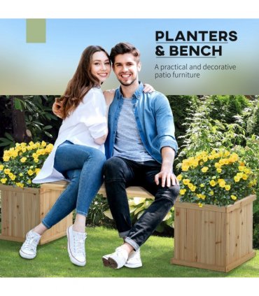 Outsunny Wooden Garden Planter & Bench Combination Garden Raised Bed Natural