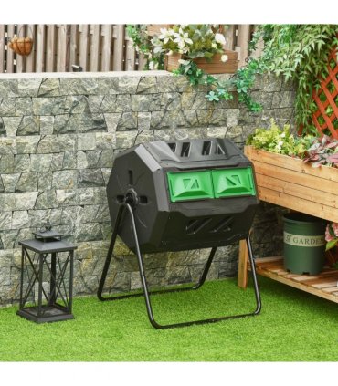 160L Outdoor Tumbling Compost Bin w/ Dual Chamber, Sliding Doors, Black