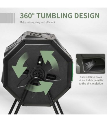 160L Outdoor Tumbling Compost Bin w/ Dual Chamber, Sliding Doors, Black