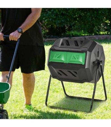 160L Outdoor Tumbling Compost Bin w/ Dual Chamber, Sliding Doors, Black