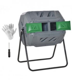160L Outdoor Tumbling Compost Bin w/ Dual Chamber, Sliding Doors, Grey