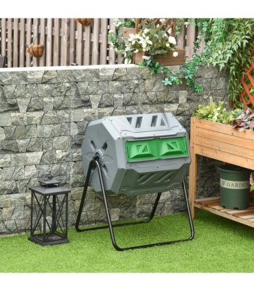 160L Outdoor Tumbling Compost Bin w/ Dual Chamber, Sliding Doors, Grey