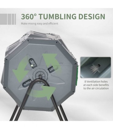 160L Outdoor Tumbling Compost Bin w/ Dual Chamber, Sliding Doors, Grey