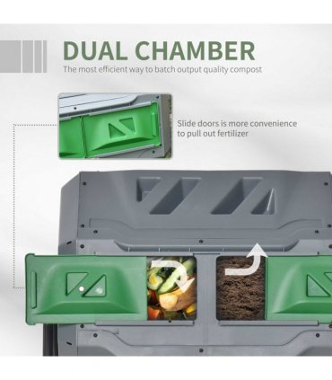 160L Outdoor Tumbling Compost Bin w/ Dual Chamber, Sliding Doors, Grey
