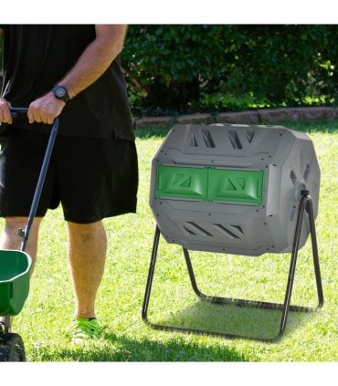160L Outdoor Tumbling Compost Bin w/ Dual Chamber, Sliding Doors, Grey