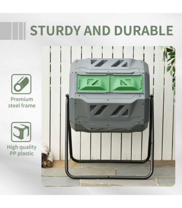 160L Outdoor Tumbling Compost Bin w/ Dual Chamber, Sliding Doors, Grey
