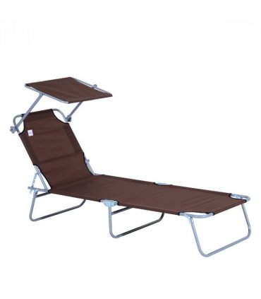 Garden Folding Chair Sun Lounger Bed Outdoor Recliner Seat w/ Sunshade — Colour: Brown