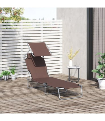 Garden Folding Chair Sun Lounger Bed Outdoor Recliner Seat w/ Sunshade — Colour: Brown