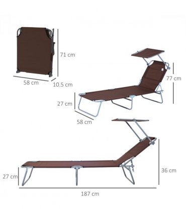 Garden Folding Chair Sun Lounger Bed Outdoor Recliner Seat w/ Sunshade — Colour: Brown