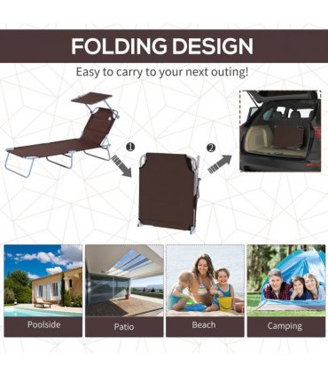 Garden Folding Chair Sun Lounger Bed Outdoor Recliner Seat w/ Sunshade — Colour: Brown