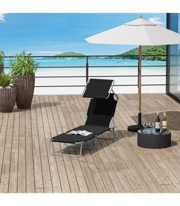 Folding Chair Sun Lounger w/ Canopy Sunshade Garden Recliner Hammock — Colour: Black