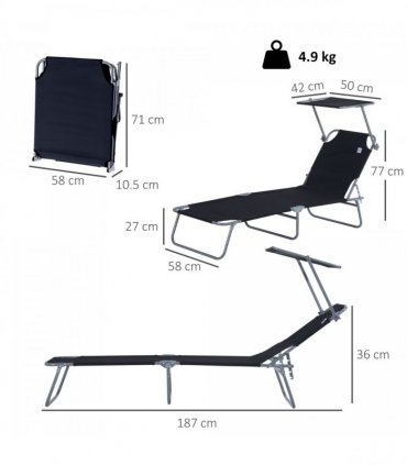 Folding Chair Sun Lounger w/ Canopy Sunshade Garden Recliner Hammock — Colour: Black