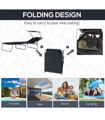 Folding Chair Sun Lounger w/ Canopy Sunshade Garden Recliner Hammock — Colour: Black