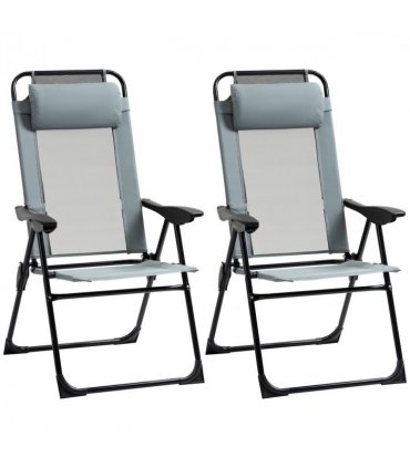 Set of 2 Metal Portable Folding Recliner w/ Adjustable Backrest, Grey
