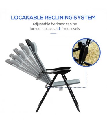 Set of 2 Metal Portable Folding Recliner w/ Adjustable Backrest, Grey
