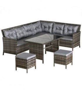 6PC Garden Rattan Corner Dining Sofa 7-seater Wicker Table Foot Stool - Grey