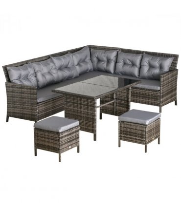 6PC Garden Rattan Corner Dining Sofa 7-seater Wicker Table Foot Stool - Grey