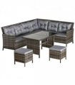 6PC Garden Rattan Corner Dining Sofa 7-seater Wicker Table Foot Stool - Grey