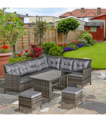 6PC Garden Rattan Corner Dining Sofa 7-seater Wicker Table Foot Stool - Grey